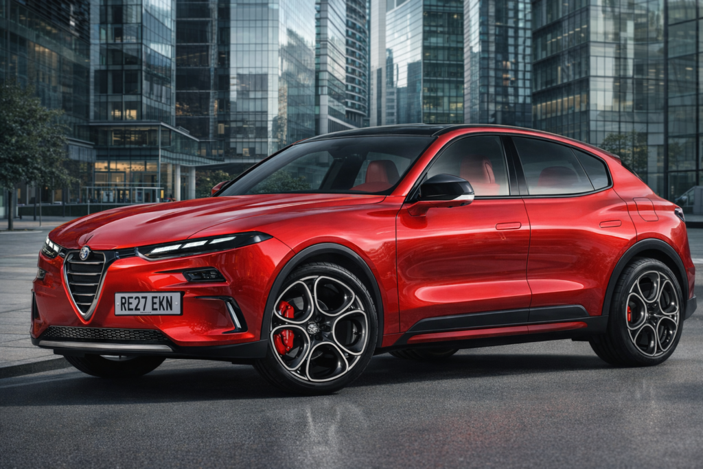 Czerwone Alfa Romeo Stelvio zaparkowane w nowoczesnej miejskiej przestrzeni, otoczone szklanymi budynkami.