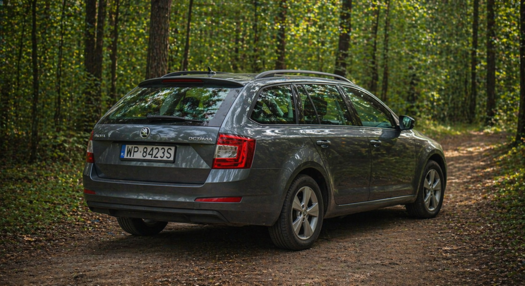 Szara Skoda Octavia kombi zaparkowana na leśnej drodze, widok od tyłu.