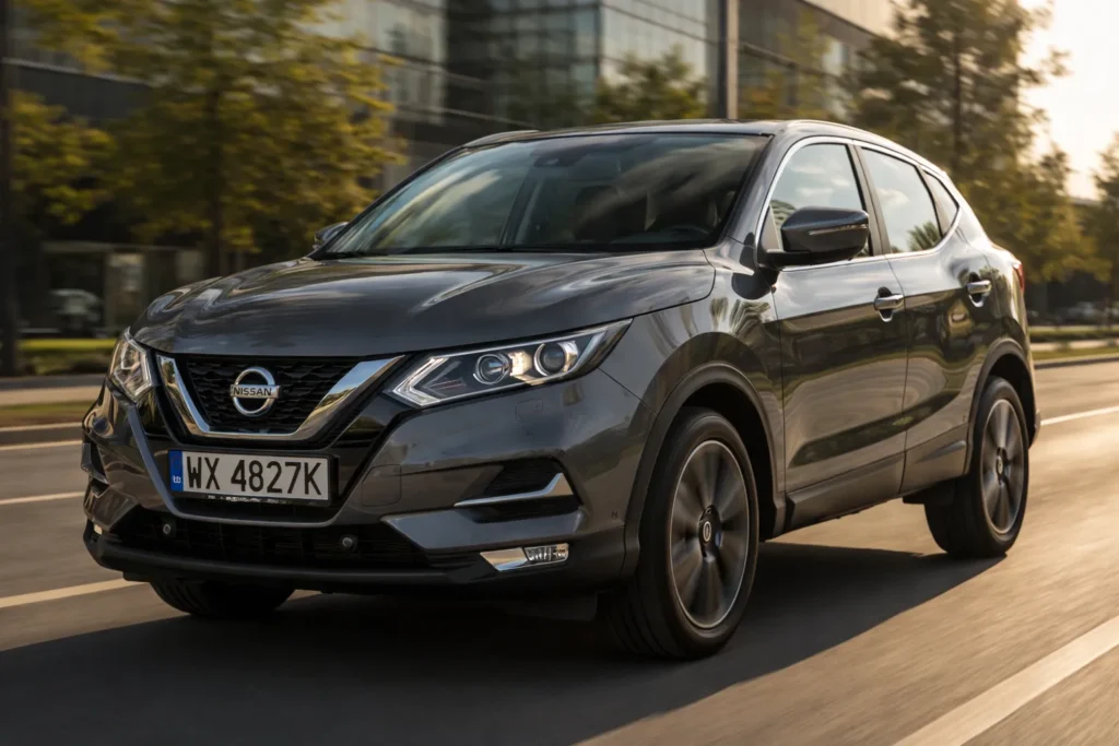 2017 Nissan Qashqai jadący ulicą miejską, widok od przodu