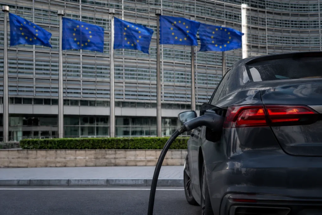 Zakaz aut spalinowych w UE – samochód elektryczny pod Parlamentem Europejskim